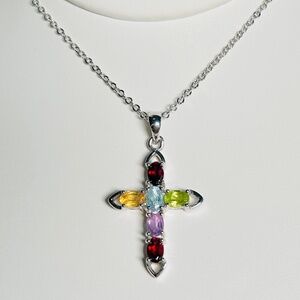 Multi-Color Semi-precious Stone Cross Pendant Necklace, Adjustable 18”-21” long.